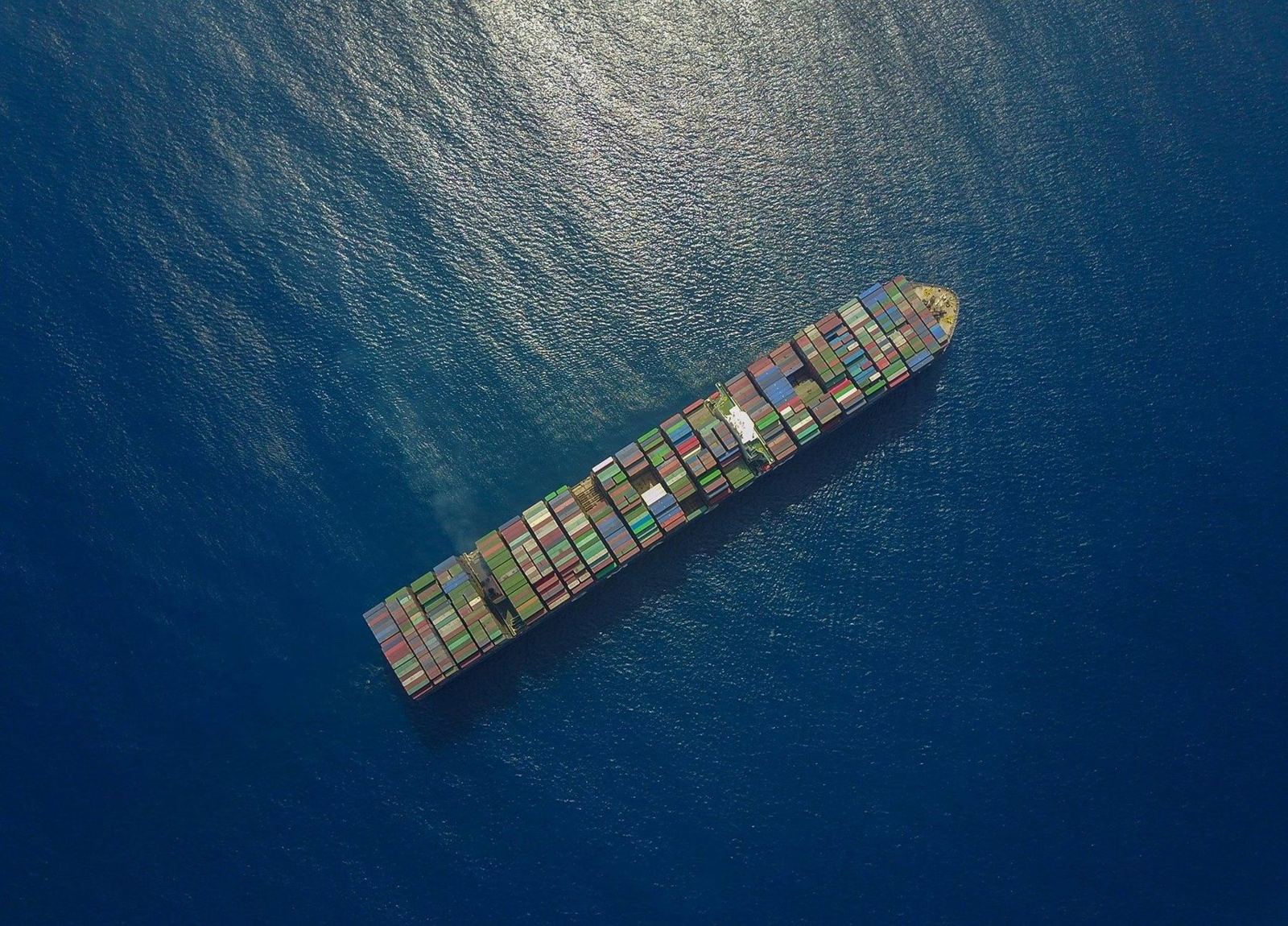 Cargo ship at sea, seen from above
